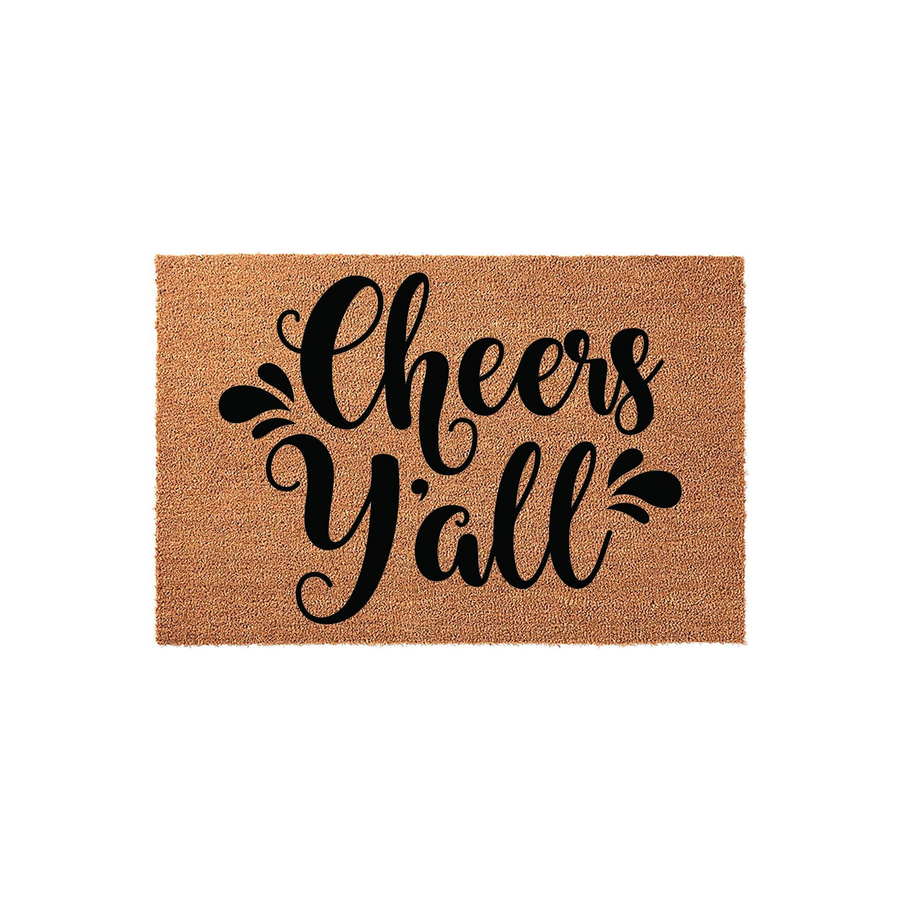 Cheers Y'all coir doormat featuring a natural tan fiber texture and bold black script lettering, providing a welcoming and rustic touch to your front porch decor while keeping your entryway clean and stylish for all your guests.