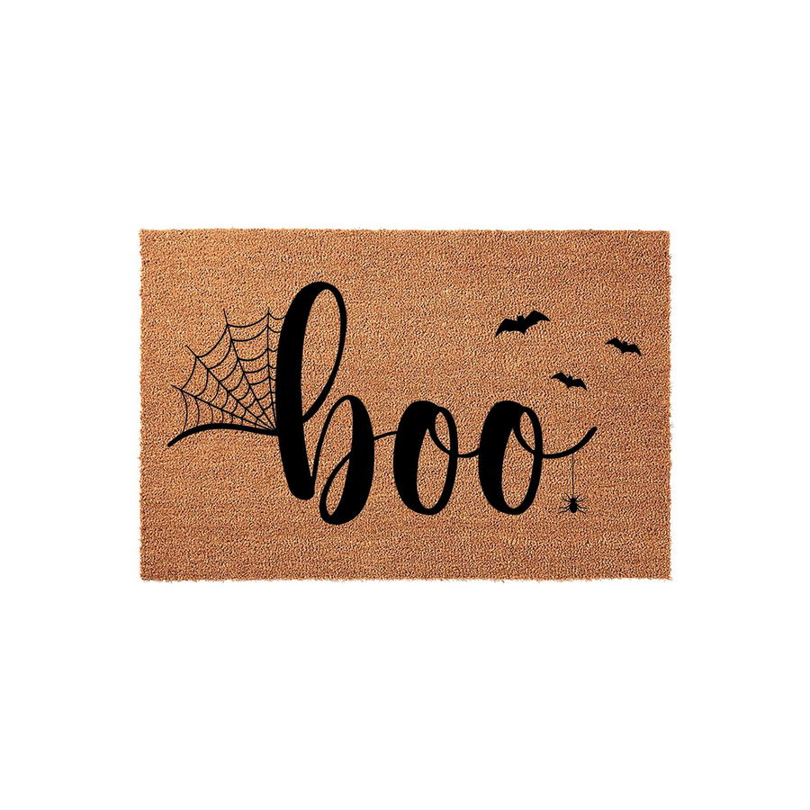 Boo Halloween Coir Doormat featuring a natural brown fiber texture with black script text, a spider web, flying bats, and a small hanging spider, creating a festive and spooky entryway decor piece for the fall holiday season.