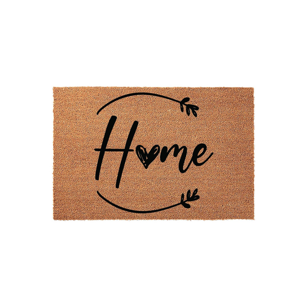 Home coir doormat featuring a rustic script font with a heart replacing the letter o, surrounded by a simple circular vine design on a natural tan fiber background, creating a welcoming entryway decor piece for any modern