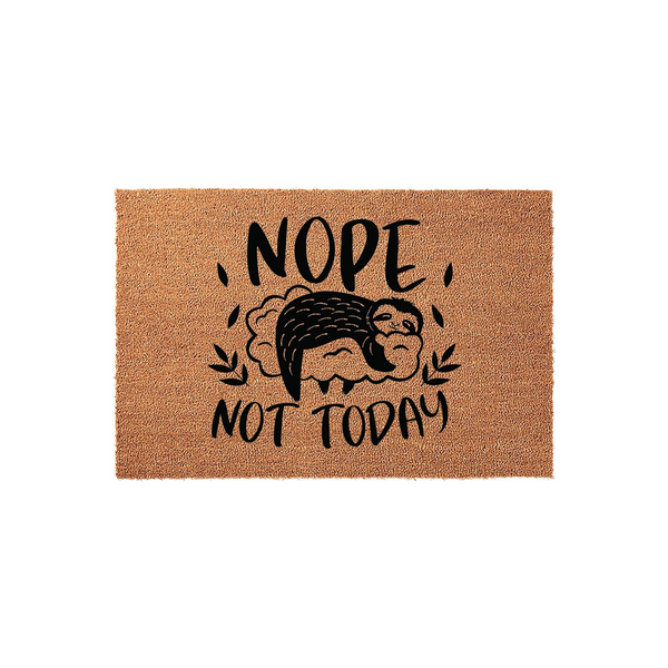 Nope Not Today sloth doormat featuring a humorous illustration of a sleepy sloth resting on a cloud, printed in bold black ink on a natural brown coir fiber mat that adds a fun and quirky touch to your front porch entryway decor.