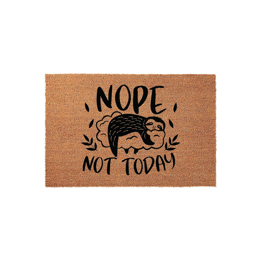 Nope Not Today sloth doormat featuring a humorous illustration of a sleepy sloth resting on a cloud, printed in bold black ink on a natural brown coir fiber mat that adds a fun and quirky touch to your front porch entryway decor.