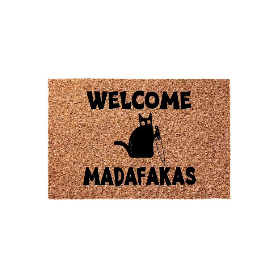 Funny Black Cat Welcome Doormat featuring a humorous illustration of a black cat holding a knife, printed on a natural coir fiber mat with bold black text that reads Welcome Madafakas for a quirky and unique home entryway decor.