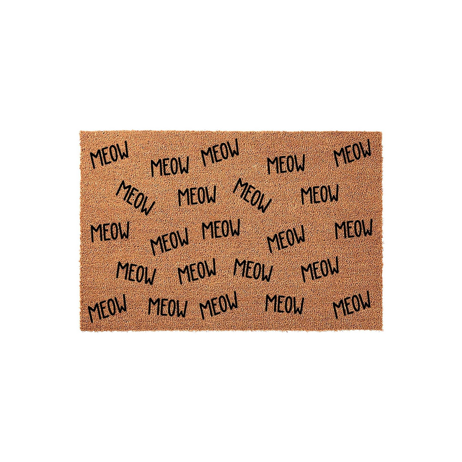 Cat lover coir doormat featuring a repeating pattern of the word meow printed in black text across the natural brown fiber surface, creating a fun and whimsical entryway decor piece for any cat owner who loves feline themed home