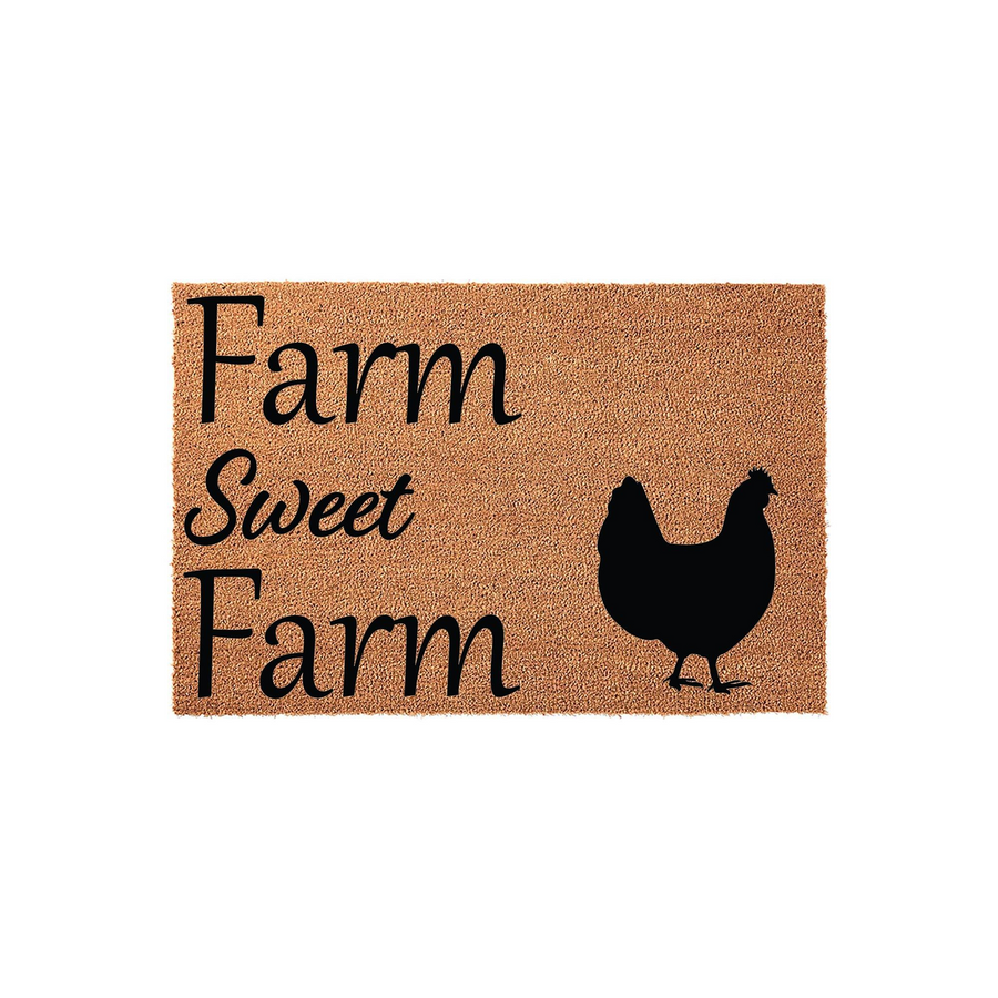 Farm Sweet Farm coir doormat featuring a black silhouette of a chicken on a natural brown textured background, perfect for adding a rustic farmhouse touch to your front porch entryway decor with its charming and welcoming printed