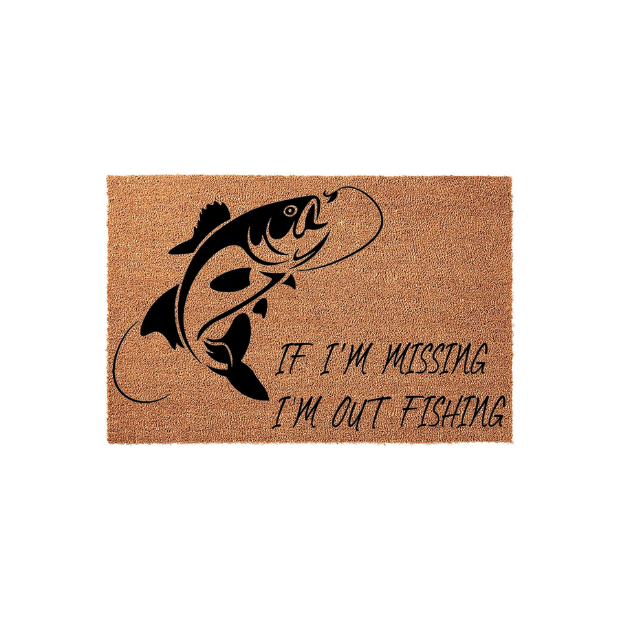 Fishing Themed Outdoor Doormat featuring a black graphic of a jumping fish and the text If I'm Missing I'm Out Fishing, printed on a natural tan coir fiber mat against a clean white background for a rustic cabin or home entryway