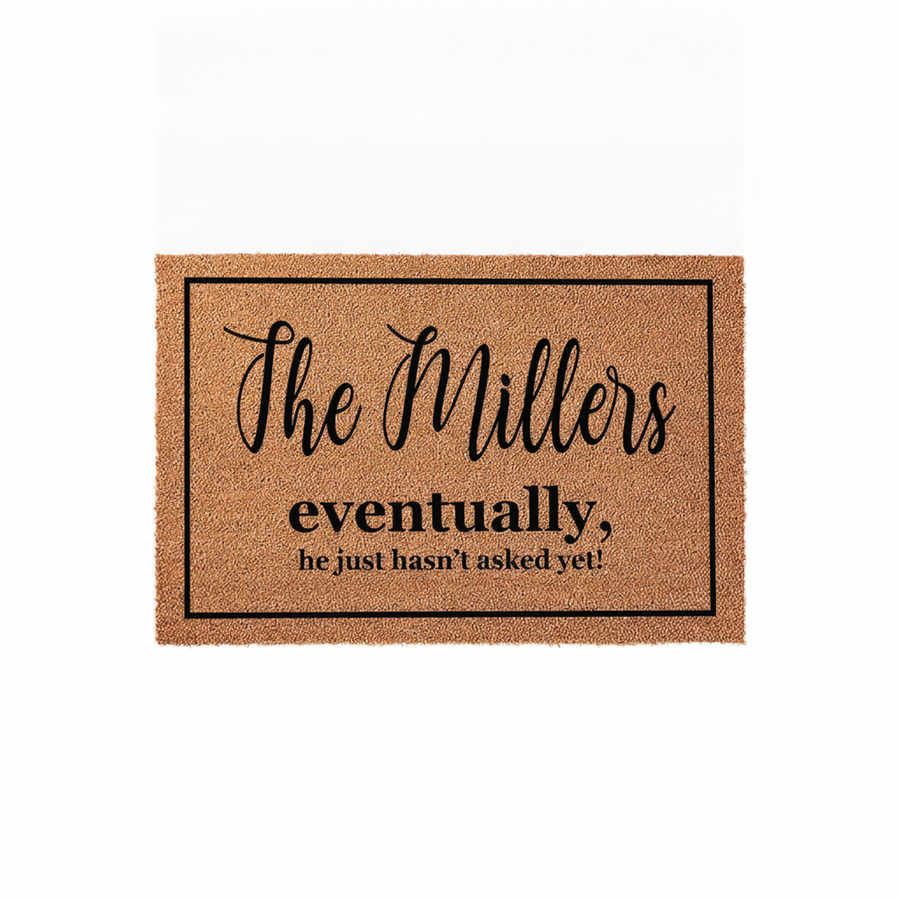 Personalized family name coir doormat featuring a humorous quote about marriage proposals, set against a clean white background to showcase the natural tan fiber texture and the bold black lettering of this custom home entrance