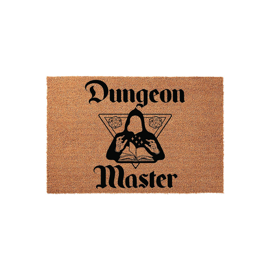 Dungeon Master coir doormat featuring a black graphic of a hooded figure reading a book with dice icons, set against a natural tan textured background, perfect for a tabletop gaming fan's home entrance or a dedicated game room