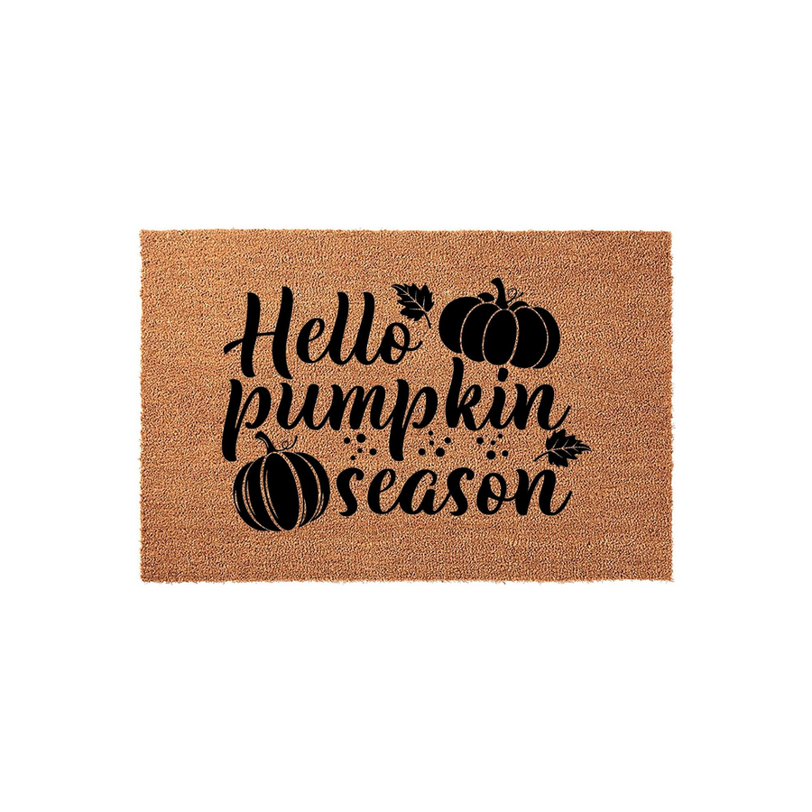 Hello Pumpkin Season coir doormat featuring a natural brown fiber texture with black printed text and pumpkin illustrations, creating a festive fall entryway decor piece for your front porch during the autumn harvest holiday