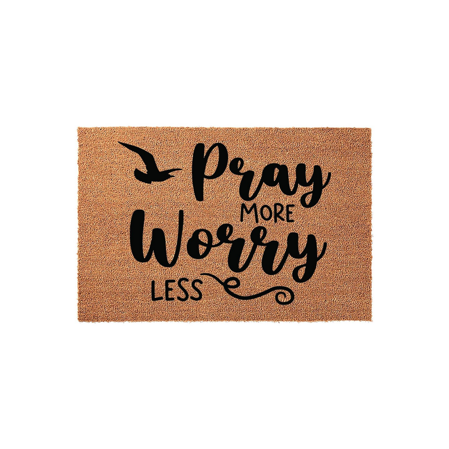 Pray More Worry Less coir doormat featuring a natural tan fiber texture and bold black lettering with a small bird silhouette, providing a welcoming and inspirational touch to your front porch entryway decor.