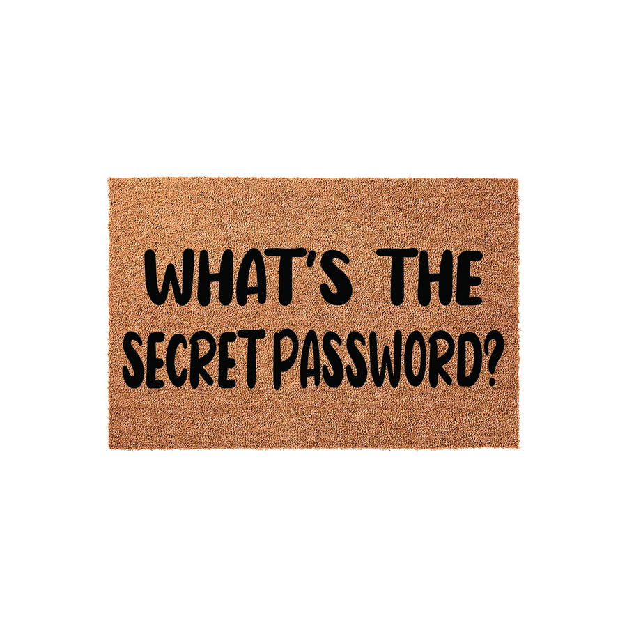 Funny What's The Secret Password doormat featuring bold black text printed on a natural tan coir fiber mat, providing a humorous and welcoming touch to your front porch entryway decor for guests arriving at your home.