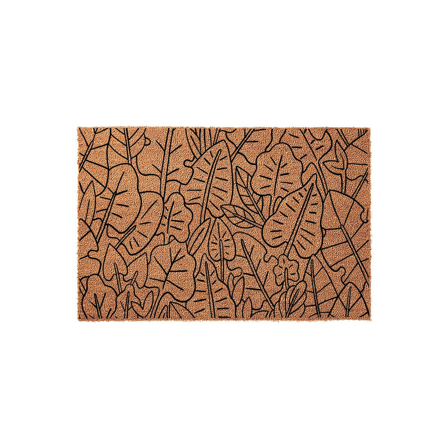 Tropical Leaf Pattern Coir Doormat featuring a dense, hand-drawn black botanical illustration of various jungle leaves printed on a natural, textured brown coconut fiber surface against a clean, isolated white studio background.