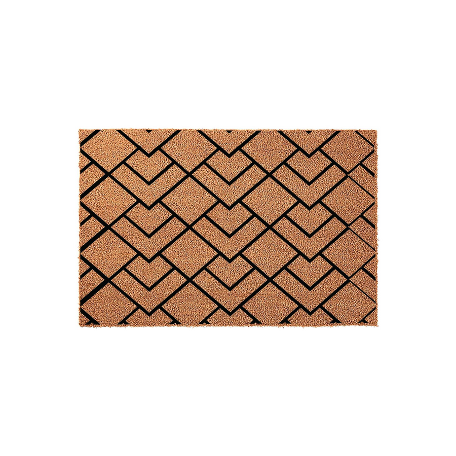 Geometric Pattern Coir Doormat featuring a modern black chevron and diamond design printed on a natural brown coconut fiber surface, providing a stylish and durable entryway floor covering for your home front porch or indoor