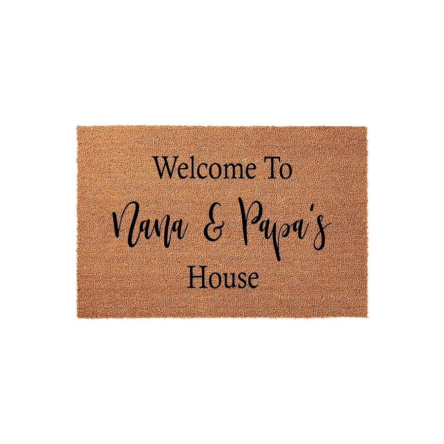 Personalized Nana and Papa's House doormat featuring a natural coir texture with bold black lettering that welcomes guests to the home of grandparents, set against a clean white background for a classic entryway look.