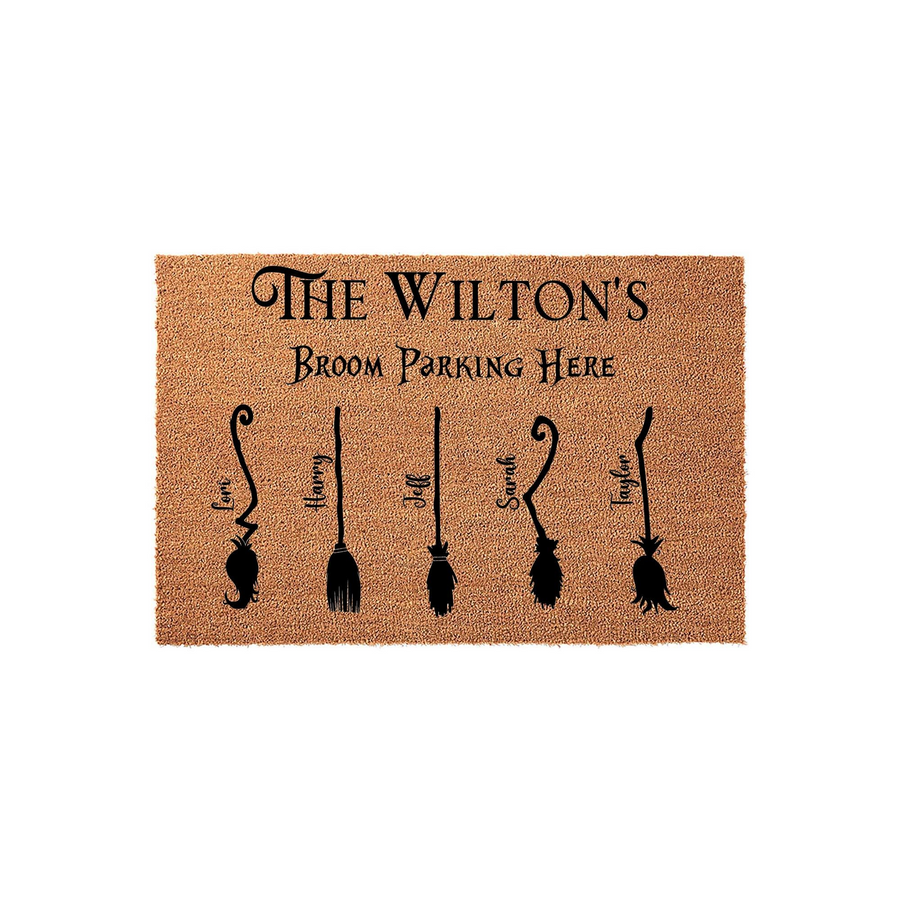 Personalized Halloween Broom Parking Doormat featuring a natural coir texture with black printed text that reads Broom Parking Here and includes five unique witch broomstick illustrations for a fun family home decor entrance