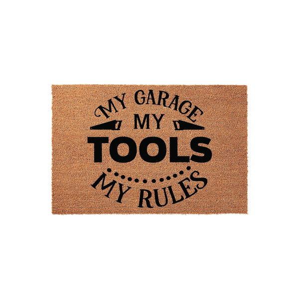 My Garage My Tools My Rules coir doormat featuring bold black typography and hand saw icons on a natural tan fiber background, creating a fun and functional floor mat for any workshop, man cave, or garage entrance in your home.