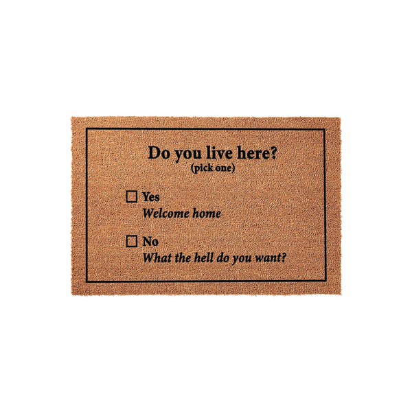 Funny Do You Live Here Doormat made of natural coir fiber with a humorous checklist design, featuring black text that asks visitors to pick between Yes Welcome Home or No What the hell do you want on a plain white studio