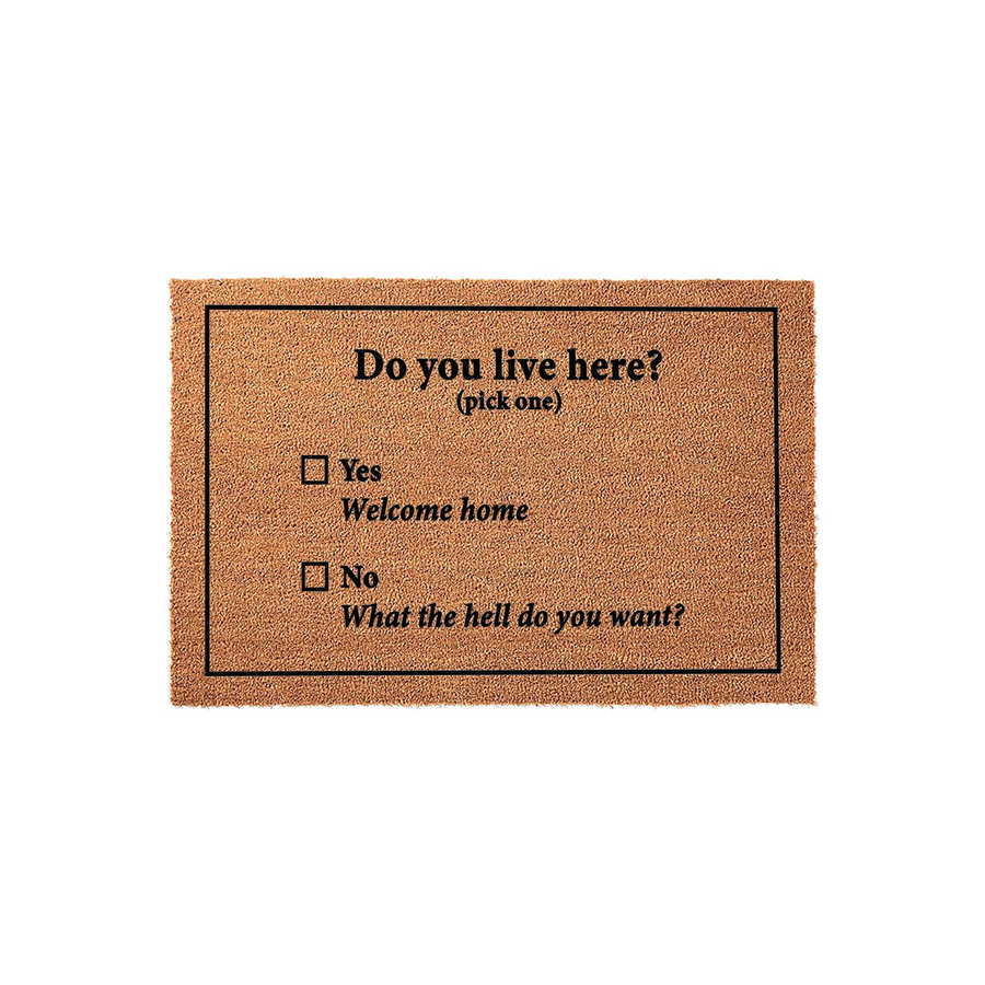 Funny Do You Live Here Doormat made of natural coir fiber with a humorous checklist design, featuring black text that asks visitors to pick between Yes Welcome Home or No What the hell do you want on a plain white studio