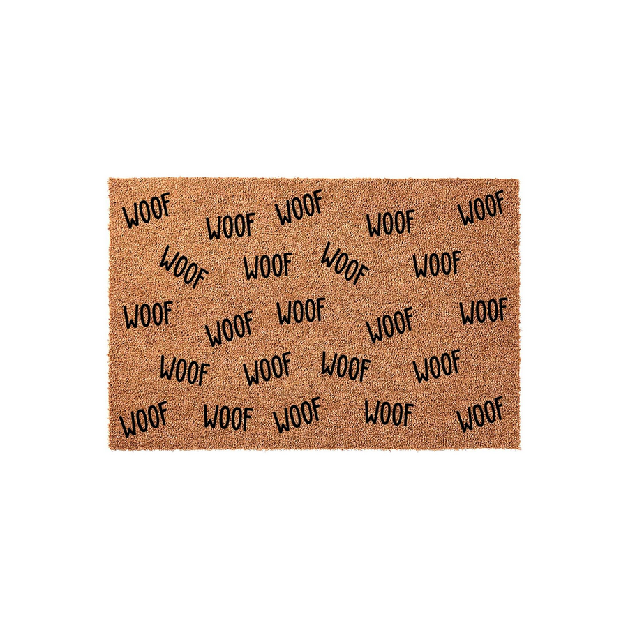 Woof Pattern Coir Doormat featuring a natural tan fiber texture with the word woof printed in a playful black font scattered across the surface, creating a fun and welcoming entryway rug for any dog lover home on a plain white