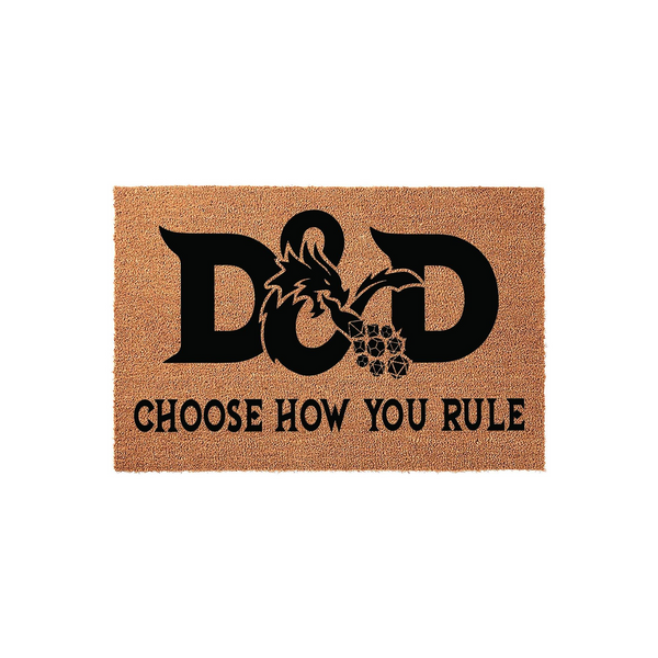 Dungeons and Dragons doormat featuring a natural coir texture with black printed text that reads D&D Choose How You Rule, showcasing a dragon silhouette and polyhedral dice design for a tabletop gaming fan home entrance decor.