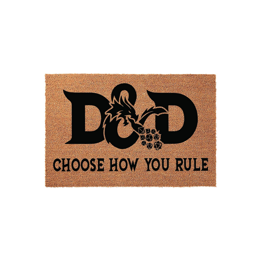 Dungeons and Dragons doormat featuring a natural coir texture with black printed text that reads D&D Choose How You Rule, showcasing a dragon silhouette and polyhedral dice design for a tabletop gaming fan home entrance decor.