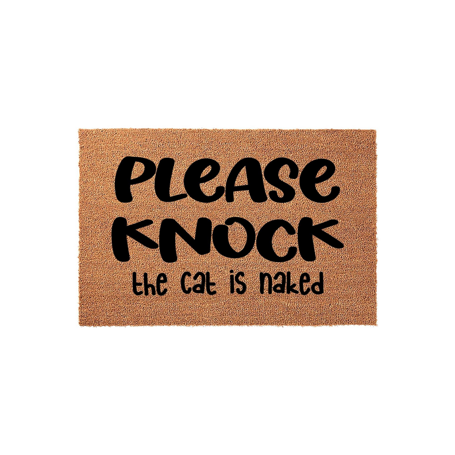 Funny Cat Welcome Doormat featuring natural coir fibers and bold black text that reads Please Knock the cat is naked, making this a humorous and functional entryway rug for any cat lover who wants to warn guests about their