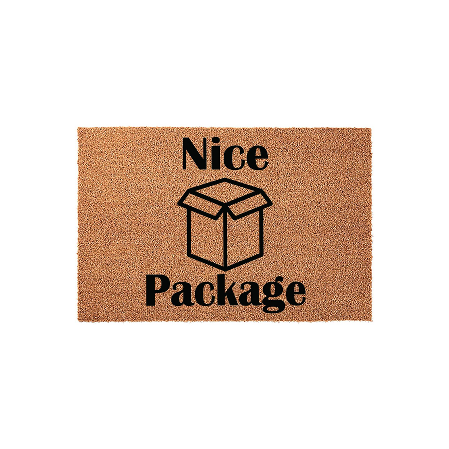 Nice Package funny coir doormat featuring a bold black line art illustration of a cardboard box centered on a natural brown coconut fiber mat, creating a humorous and welcoming entrance for your front porch or home entryway decor.