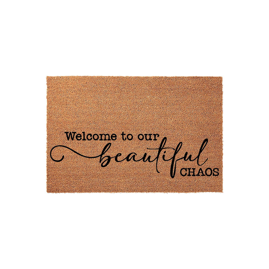 Welcome to our beautiful chaos doormat made of natural coir fiber, featuring a rustic brown texture and bold black lettering that adds a humorous and welcoming touch to any front porch or entryway decor for a busy family home.