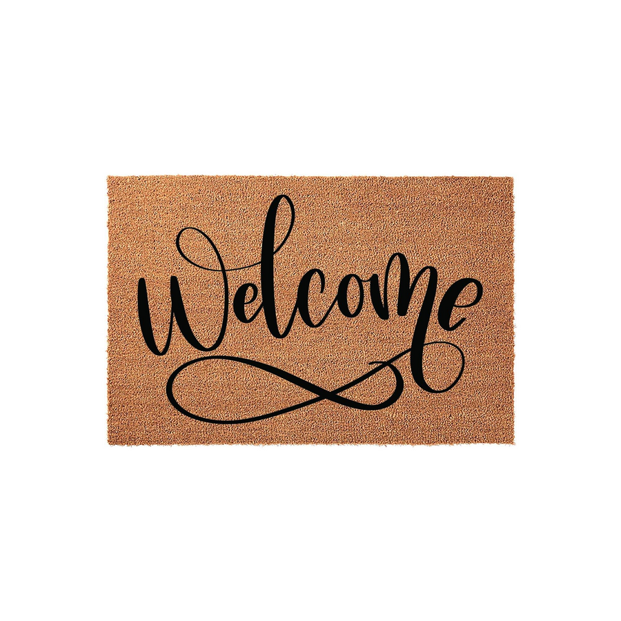 Welcome coir doormat featuring elegant black cursive script lettering centered on a natural tan fiber background, creating a classic and inviting look for your front porch entryway that greets guests with a stylish and timeless