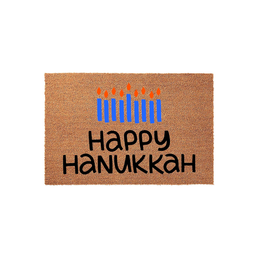 Happy Hanukkah coir doormat featuring a festive illustration of a blue menorah with bright orange flames, set against a natural brown textured background to welcome guests during the holiday season with a cheerful seasonal