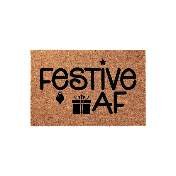 Festive AF Christmas doormat made of natural coir fiber, featuring bold black text with a star, an ornament, and a gift box icon printed on a rectangular brown mat for a fun and humorous holiday entryway decoration.