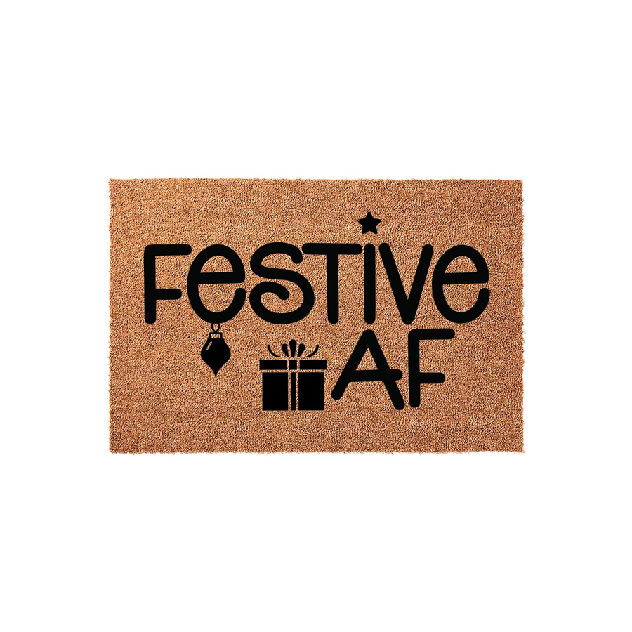 Festive AF Christmas doormat made of natural coir fiber, featuring bold black text with a star, an ornament, and a gift box icon printed on a rectangular brown mat for a fun and humorous holiday entryway decoration.