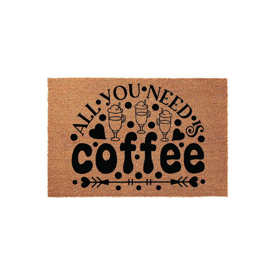 All You Need Is Coffee Coir Doormat featuring a natural brown fiber texture with a black printed design of three coffee mugs, hearts, and decorative arrows on a plain white background for a modern kitchen or entryway decor