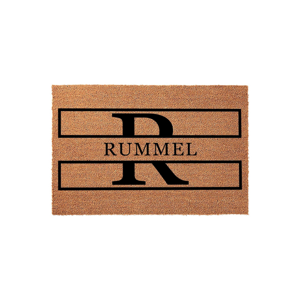 Personalized family name coir doormat featuring a large black initial letter R centered behind the text, set against a natural brown coconut fiber background for a classic and durable entryway decor piece for any modern home.