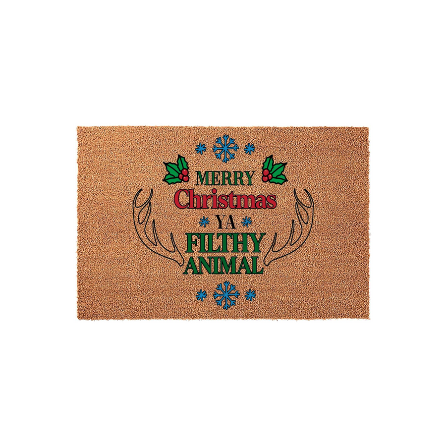 Merry Christmas Ya Filthy Animal coir doormat featuring a festive design with reindeer antlers, holly leaves, and blue snowflakes printed on a natural brown fiber background for a fun holiday entryway decoration.
