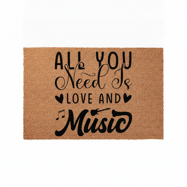 All You Need Is Love And Music Coir Doormat featuring a natural brown fiber texture with bold black typography and musical note accents, creating a charming entryway rug for any home that celebrates a passion for melody and