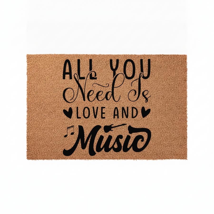 All You Need Is Love And Music Coir Doormat featuring a natural brown fiber texture with bold black typography and musical note accents, creating a charming entryway rug for any home that celebrates a passion for melody and