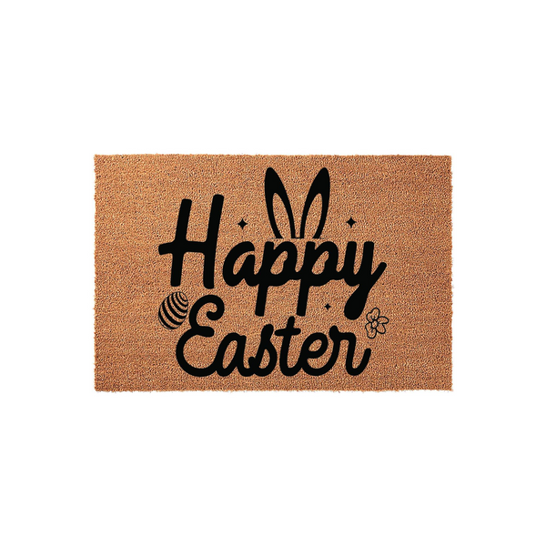 Happy Easter coir doormat featuring black script lettering with bunny ears integrated into the text, set against a natural brown fiber background to create a festive spring entryway decoration for your home front porch.