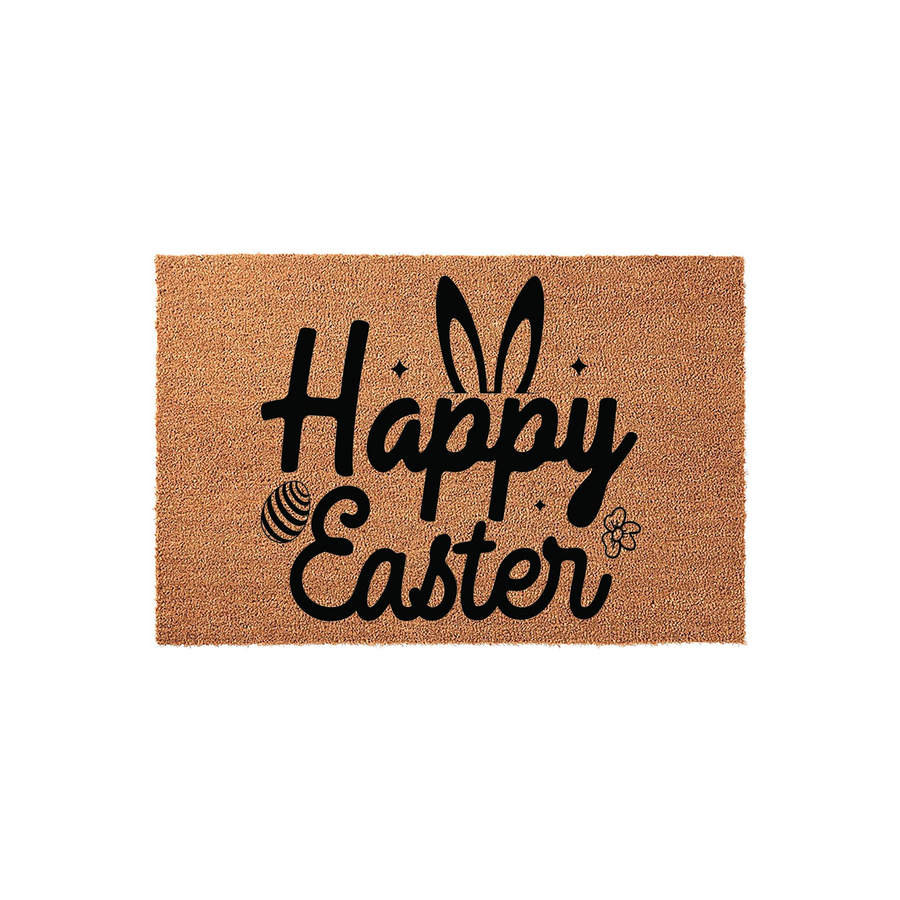 Happy Easter coir doormat featuring black script lettering with bunny ears integrated into the text, set against a natural brown fiber background to create a festive spring entryway decoration for your home front porch.