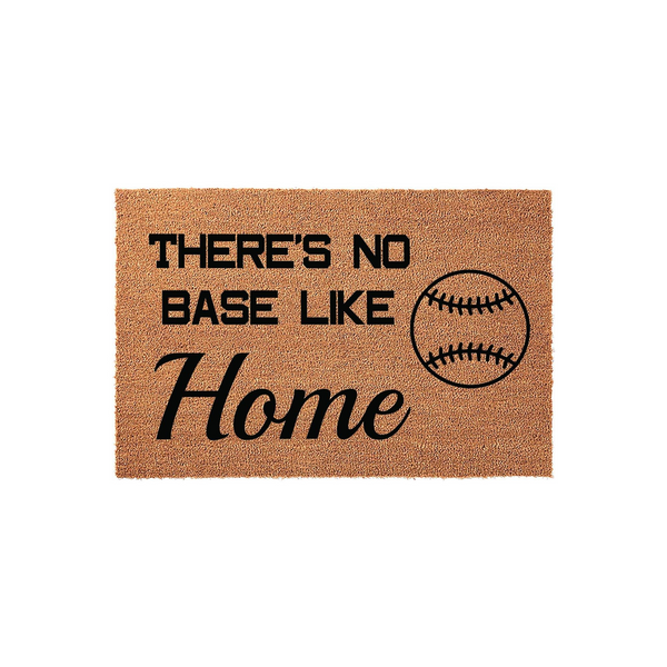 Baseball Themed Welcome Doormat featuring a natural coir texture with black text that reads There is No Base Like Home, accompanied by a graphic of a baseball, making it a fun sports decor piece for any front porch or entryway