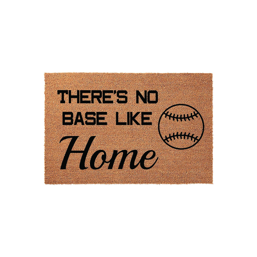 Baseball Themed Welcome Doormat featuring a natural coir texture with black text that reads There is No Base Like Home, accompanied by a graphic of a baseball, making it a fun sports decor piece for any front porch or entryway