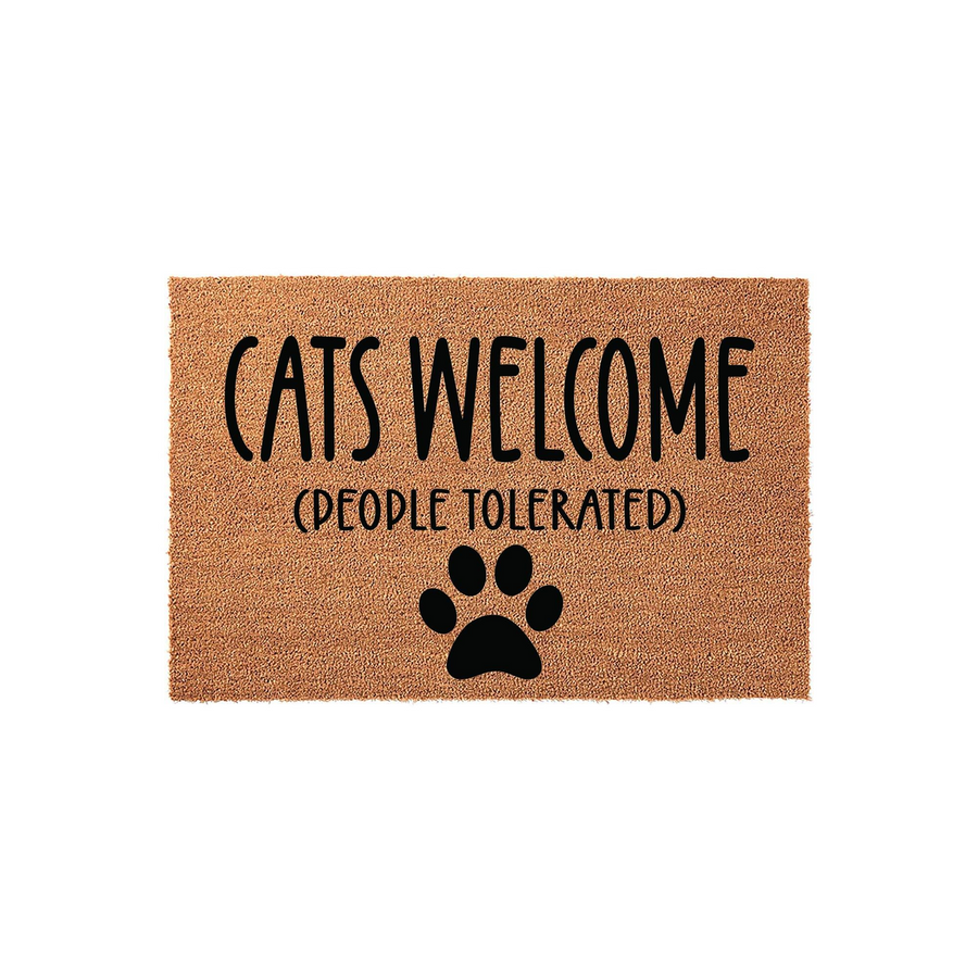 Cats Welcome People Tolerated coir doormat featuring a natural brown fiber texture and bold black text with a paw print icon, creating a funny and welcoming entryway decor piece for any cat lover's home on a clean white