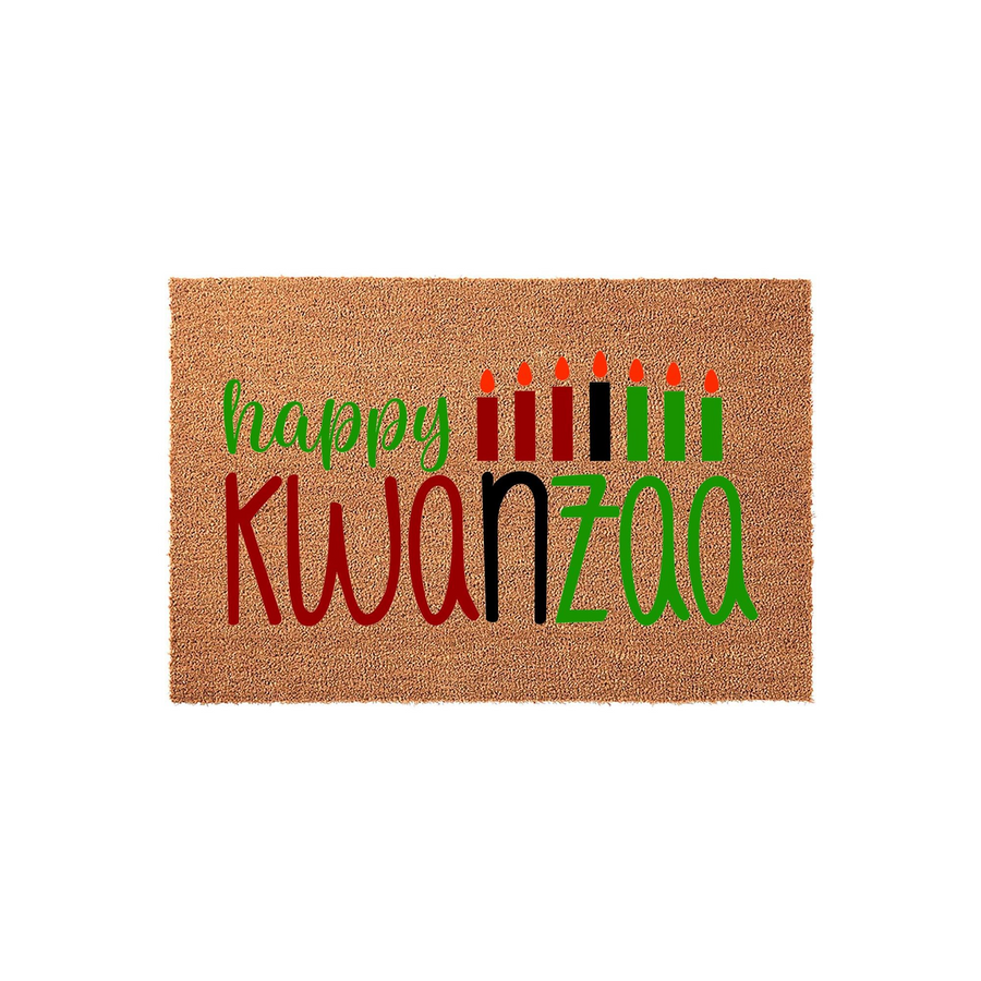 Happy Kwanzaa coir doormat featuring a festive design with seven colorful candles in red, black, and green, set against a natural tan textured background to welcome guests during the holiday season with vibrant seasonal