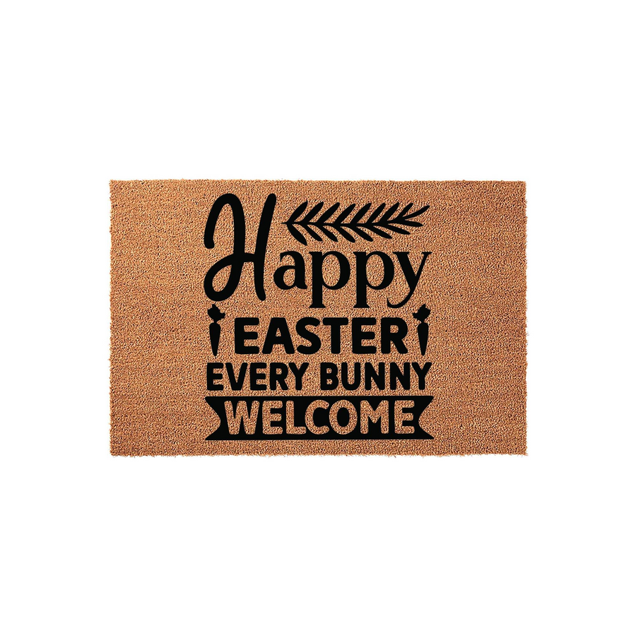Happy Easter Every Bunny Welcome coir doormat featuring a natural brown fiber texture with bold black text and decorative carrot icons, creating a festive spring entryway decor piece for your front porch or home entrance.