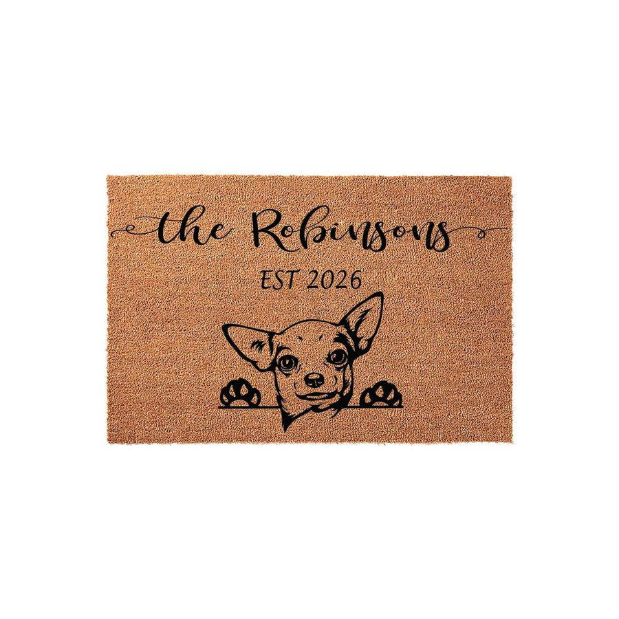 Personalized Chihuahua dog doormat featuring a cute illustration of a Chihuahua peeking over the edge with its paws, customized with a family name and established year on a natural coir fiber background for a welcoming front