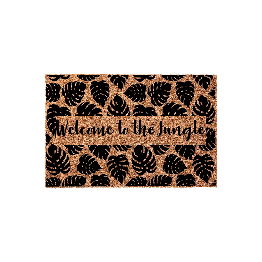 Welcome to the Jungle coir doormat featuring a natural brown fiber texture and a repeating pattern of black monstera tropical leaves, centered with the phrase Welcome to the Jungle in a stylish black script font on a white