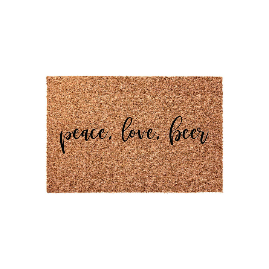 Peace Love Beer coir doormat featuring a natural tan fiber texture and elegant black script lettering centered on the mat, providing a fun and welcoming entrance decor piece for any home porch or front door entryway.
