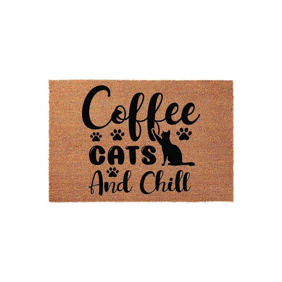 Coffee Cats and Chill doormat featuring a natural coir texture with bold black text and a playful cat silhouette, creating a fun and welcoming entryway decor piece for any cat lover who enjoys a cozy morning cup of coffee at home.