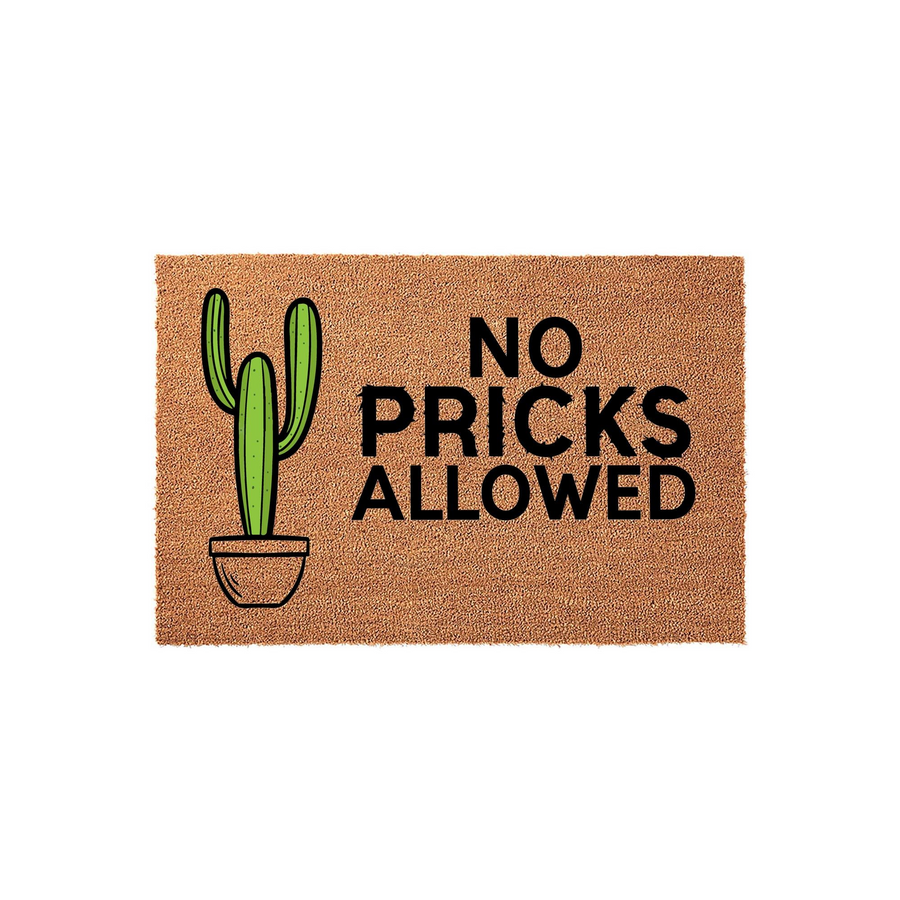 No Pricks Allowed cactus doormat featuring a humorous pun and a green potted succulent illustration on a natural coir fiber background, making it a fun and welcoming outdoor entrance rug for any home with a desert or southwestern