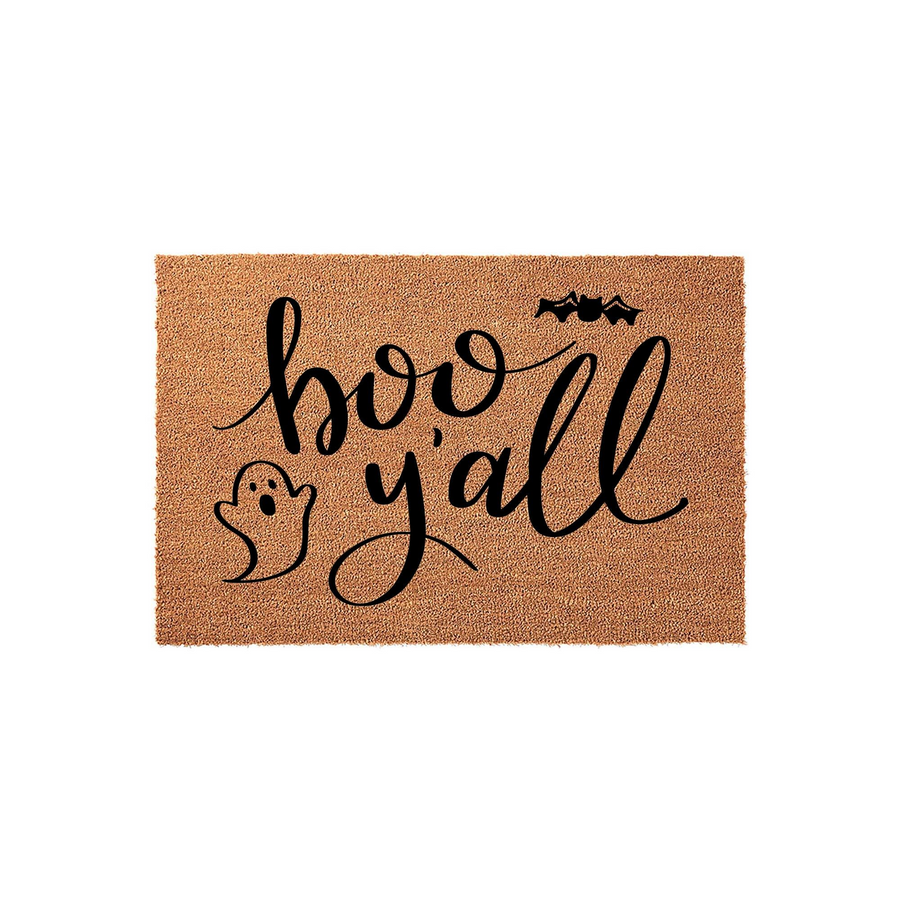 Boo Y'all Halloween Coir Doormat featuring a natural brown fiber texture with black script text, a cute ghost illustration, and a small bat icon, creating a festive and welcoming entryway decor piece for the spooky autumn season.