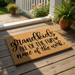 Grandkids doormat with funny quote all of the fun none of the work, featuring black script text on a natural coir fiber welcome mat, perfect for a grandparent front porch decor or a humorous housewarming entry rug for the home.